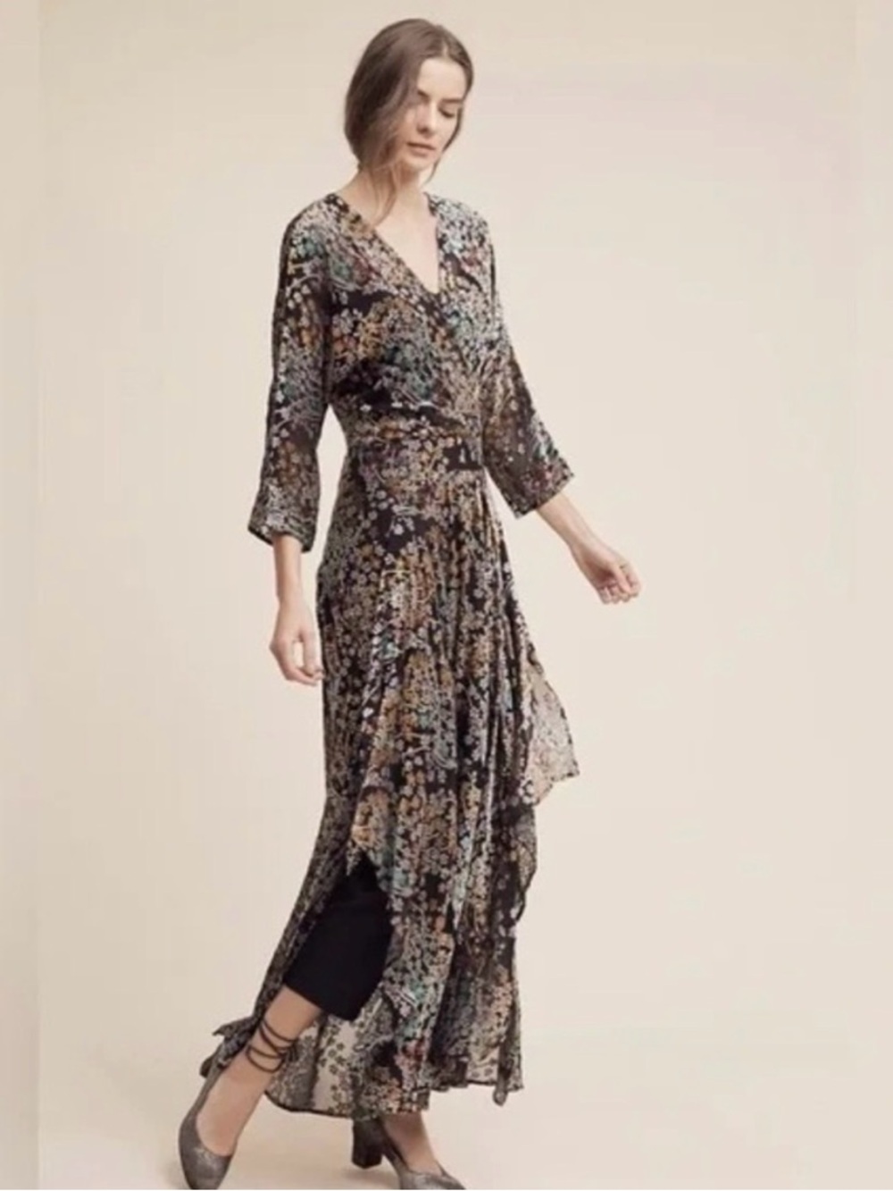 Floral V-Neck Maxi Wrap Dress - Black Floral